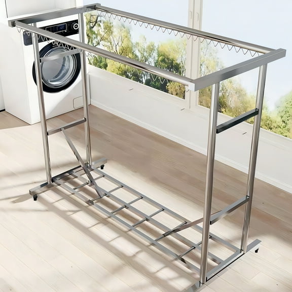 Drying Clothes Rack Double-Layer Floor Drying Rack, Outdoor Laundry Drying Rack with 4 Casters, Durable Rack for Clothes Quilt Blanket Pillow Drying