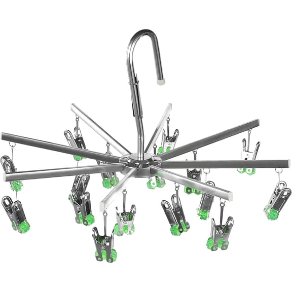 Drying Hanger, Hanging Drying Rack, Drip Hanger Stainless Steel with 16 Pegs for Laundry Underwear Socks, Quickly Remove Clothes from Hanger, Windproof, Folding Portable, (Green)