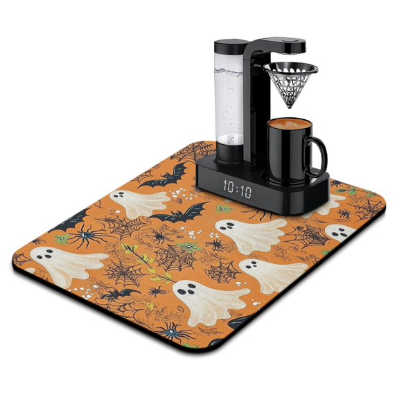 Drying Mat for Dishes Spooky Ghost Happy Halloween Night Coffee Bar Mat Absorbant Collapsible 18x24 Inch Dishes Plate Glass Dry Draining Pad for Kitchen Fast Dry