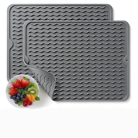 Drying Mat for Kitchen 2 Pack Silicone Dish Counter Heat Resistant Under Sink Waterproof Coffee Bar Accessories Dining Rack Stone Utensil Holder Countertop Decor