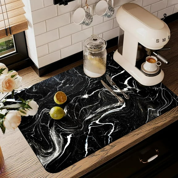 Drying Mat Kitchen Counter, Marble Absorbent Dish Drying Mats For Kitchen Counter With Rubber Backing, Easy Clean Coffee Bar Mat For Countertop, 19.5x12in, Black