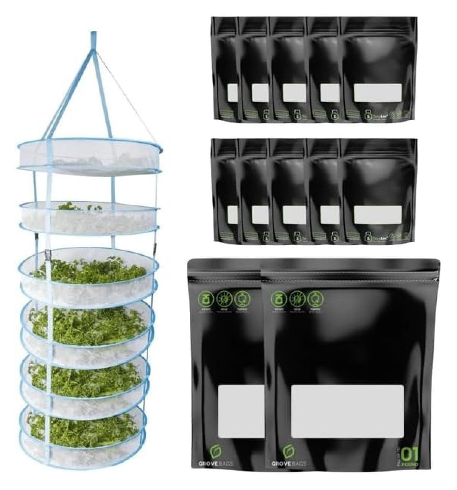 Drying Rack 6-Tier + Windowed Grove Bags 1oz (10) & 1/4lb (2) - Perfect ...
