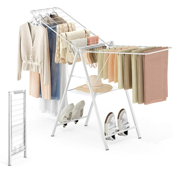 Drying Rack Clothing, Clothes Drying Rack Foldable, Metal Laundry Drying Rack Collapsible for Sweater Towel Indoor Outdoor, Gullwing Clothes Rack Drying with Height Adjustable Rails, White