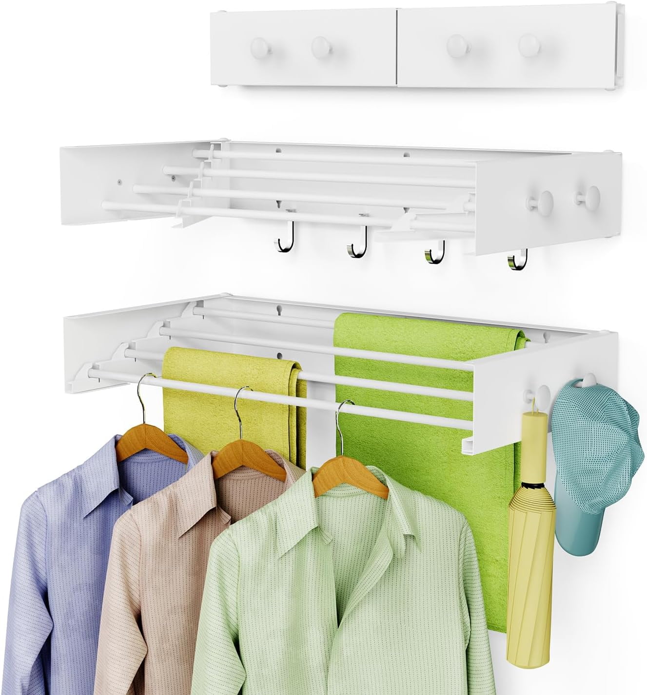 27 Aluminum Collapsible Wall Mounted Clothes Drying Rack - Space Saver, Retractable, 10 Bars