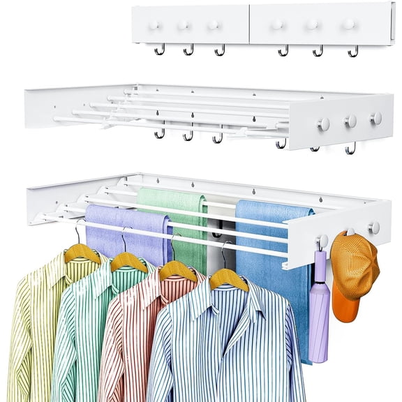 Drying Rack Clothing,Clothes Drying Rack Wall Mounted,Laundry Drying Rack Wall Mount,Foldable,Collapsible,60 lb Capacity 5 Aluminium Poles with 12 Hooks,Space Saving Clothes Drying Rack,White 31.5"
