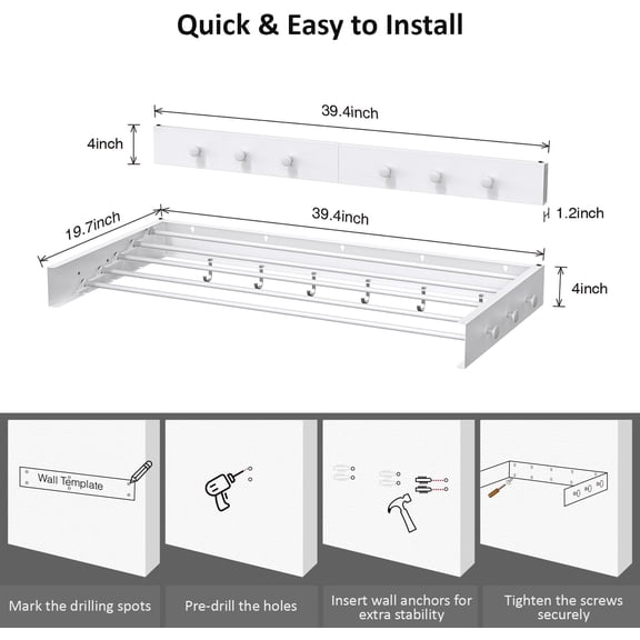 Wall Mounted Clothes Drying Rack with 5 Poles and 12 Hooks, 60 lb Capacity, White 40"