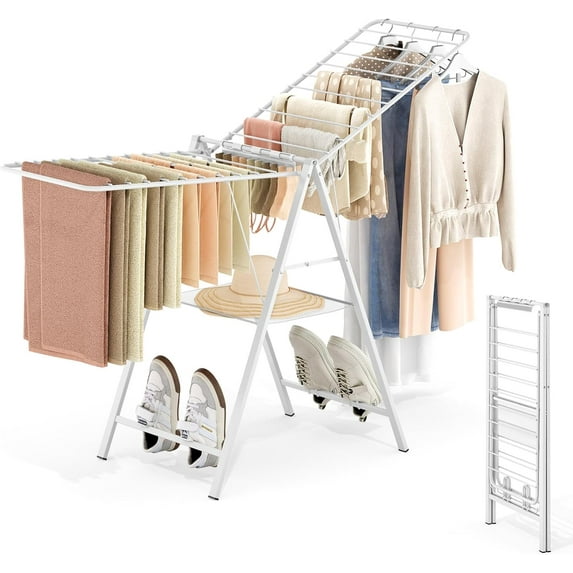 Clothes Drying Rack Foldable, Metal Laundry Drying Rack Collapsible, Portable Compact Clothes Rack for Sweater Baby Clothes Towel Indoor & Outdoor, Height Adjustable Clothes