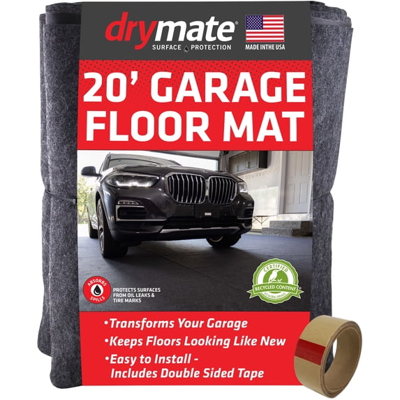 Drymate Garage Floor Mat, (20' x 7'4"), Protects Surfaces, Transforms Garage - Absorbent/Waterproof/Durable (Charcoal) (Includes Double Sided Tape)
