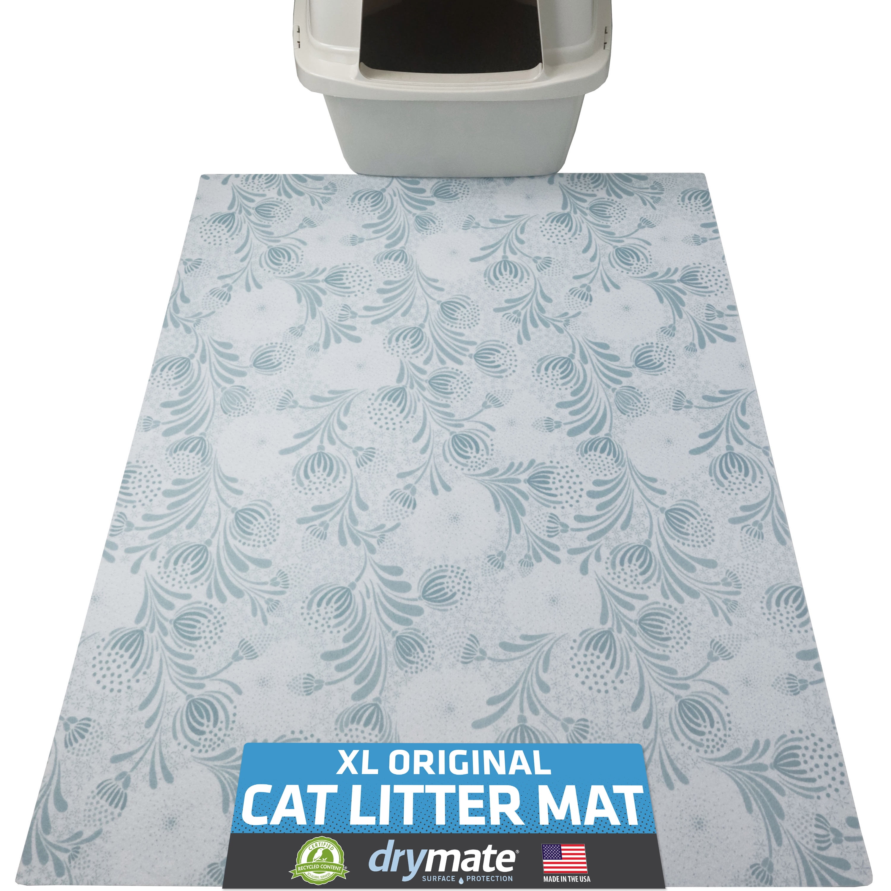Drymate Original Cat Litter Mat, Contains Mess from Box for Cleaner Floors, Urine-Proof, Soft on Kitty Paws -Absorbent/Waterproof- Machine Washable, Durable (29”x36”)(Light Blue Floral)