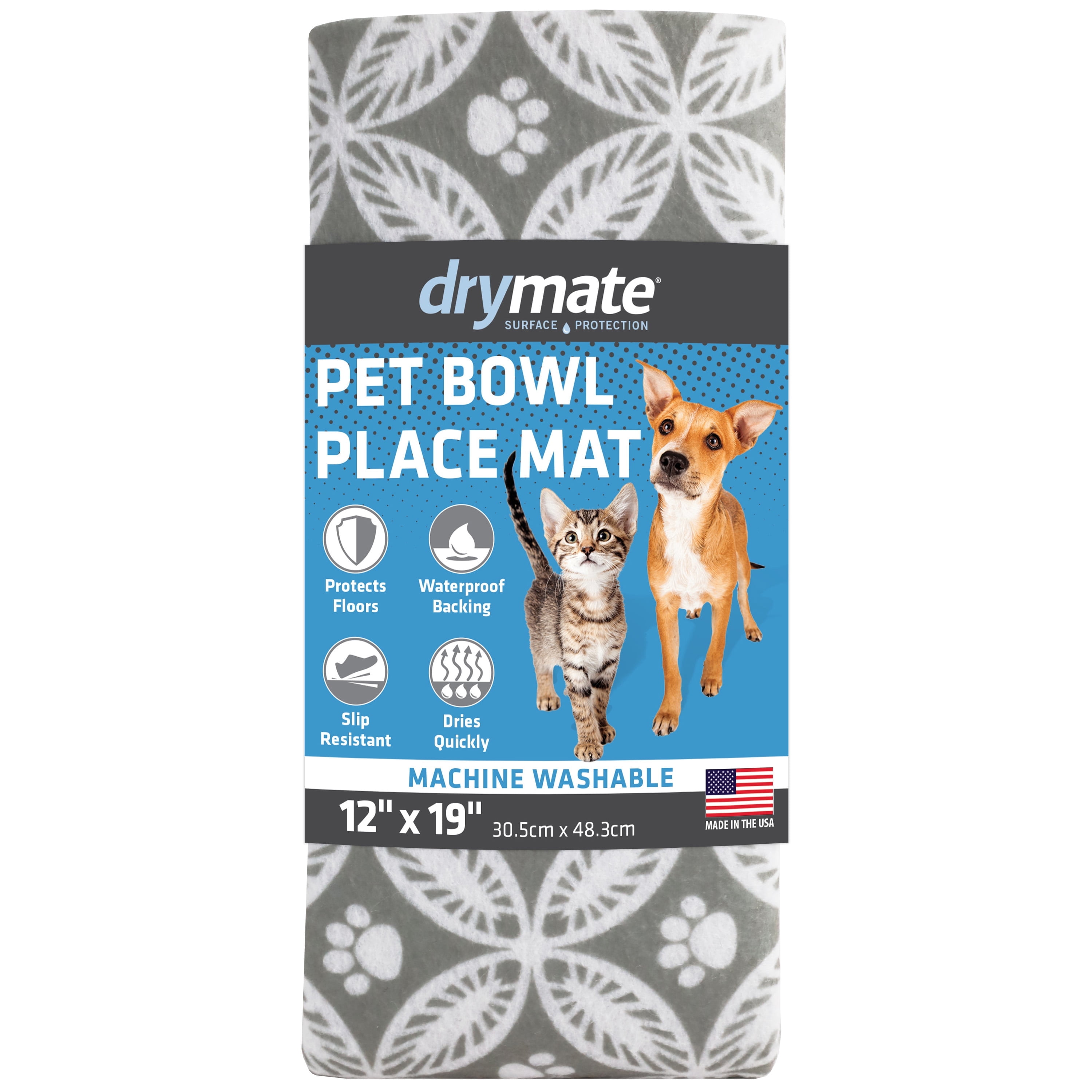 Gray Circle Paw Waterproof Pet Feeding Mat 12" x 19"