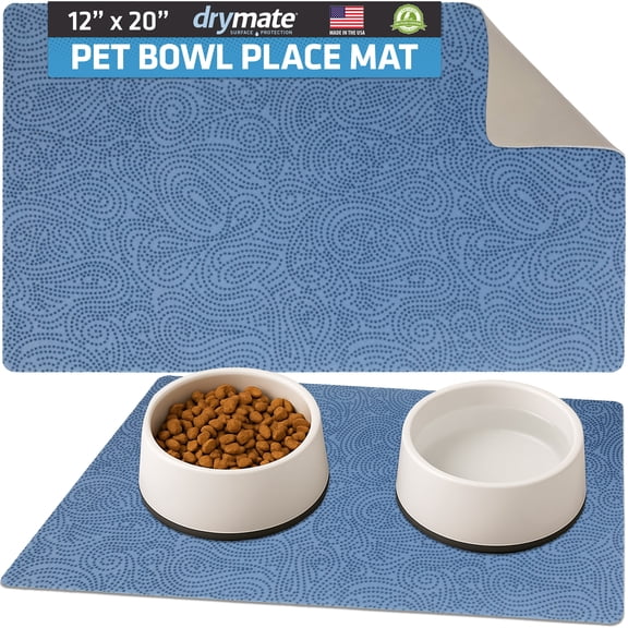 Drymate Pet Bowl Placemat, Dog & Cat Food Feeding Mat - Absorbent Fabric, Waterproof Backing, Slip-Resistant - Machine Washable/Durable (12” x 20”) (Borage Blue Stucco)