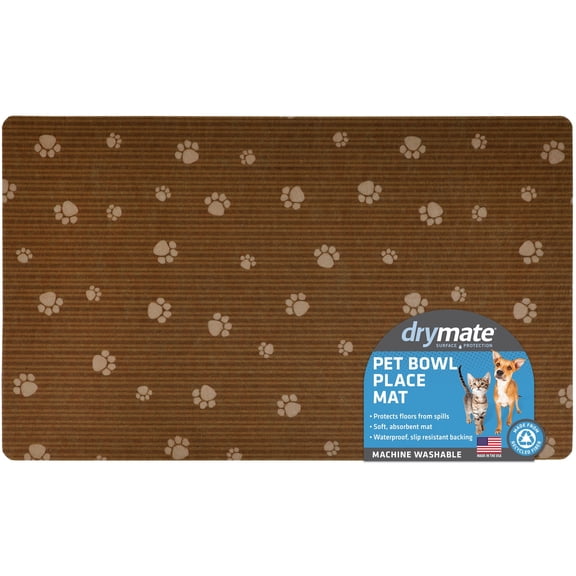 Drymate Pet Bowl Placemat, Dog & Cat Food Feeding Mat - Absorbent Fabric, Waterproof Backing, Slip-Resistant - Machine Washable/Durable (12” x 20”) (Brown Stripe Tan Paw)