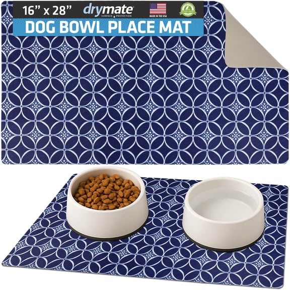 Drymate Pet Bowl Placemat, Dog & Cat Food Feeding Mat - Absorbent Fabric, Waterproof Backing, Slip-Resistant - Machine Washable/Durable (16” x 28”) (Indigo)