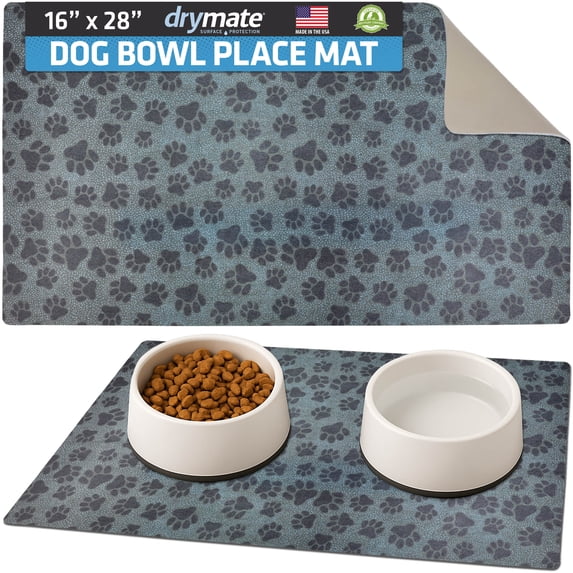 Drymate Pet Bowl Placemat, Dog & Cat Food Feeding Mat - Absorbent Fabric, Waterproof Backing, Slip-Resistant - Machine Washable/Durable (16” x 28”) (Paw Dots Black)