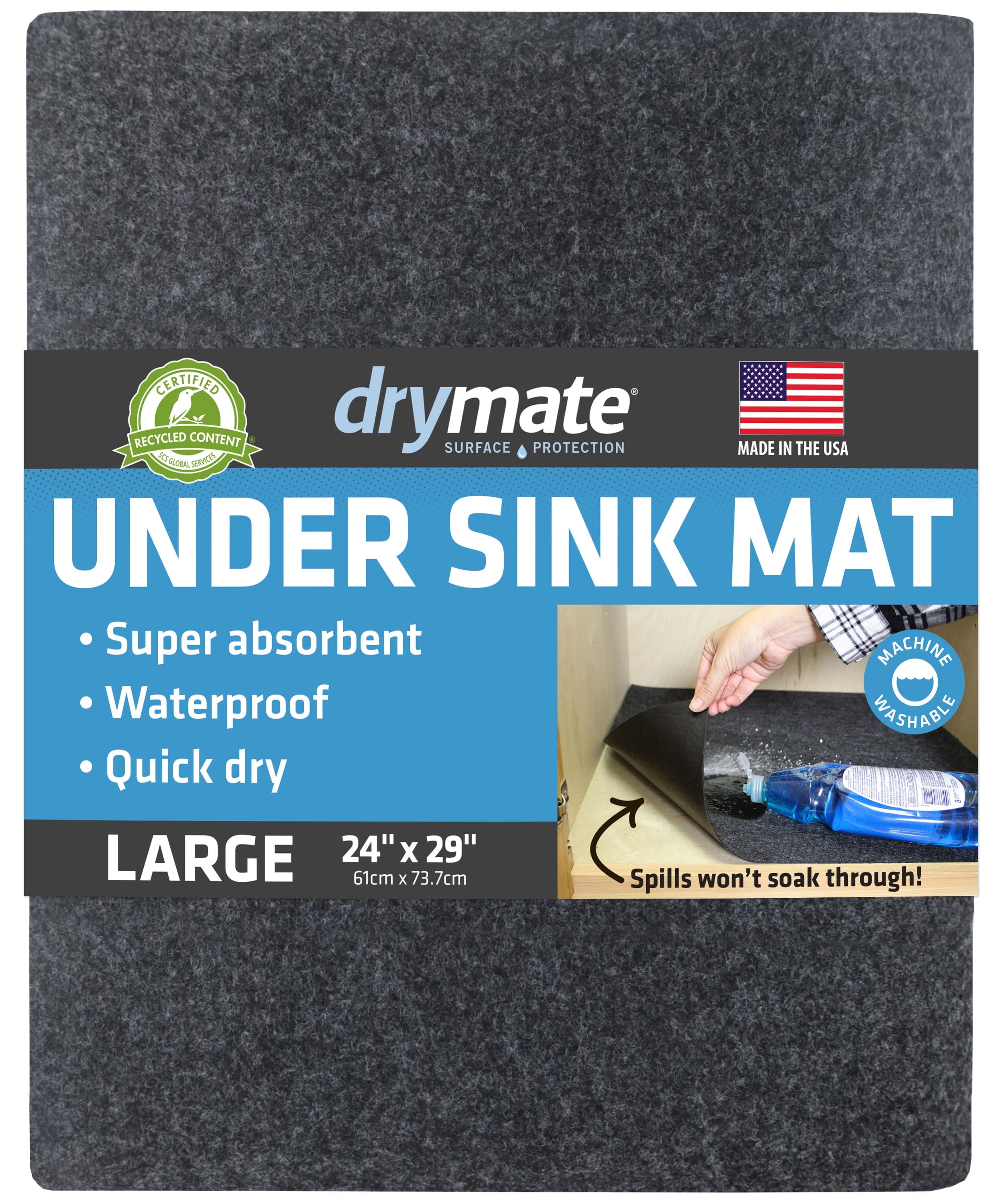 Drymate Under Sink Mat, Waterproof Cabinet Protection Mats for Kitchen & Bathroom, Absorbent Shelf Liners, Slip-Resistant, Non-Adhesive, Machine Washable, Durable (24”x29”)(Charcoal)