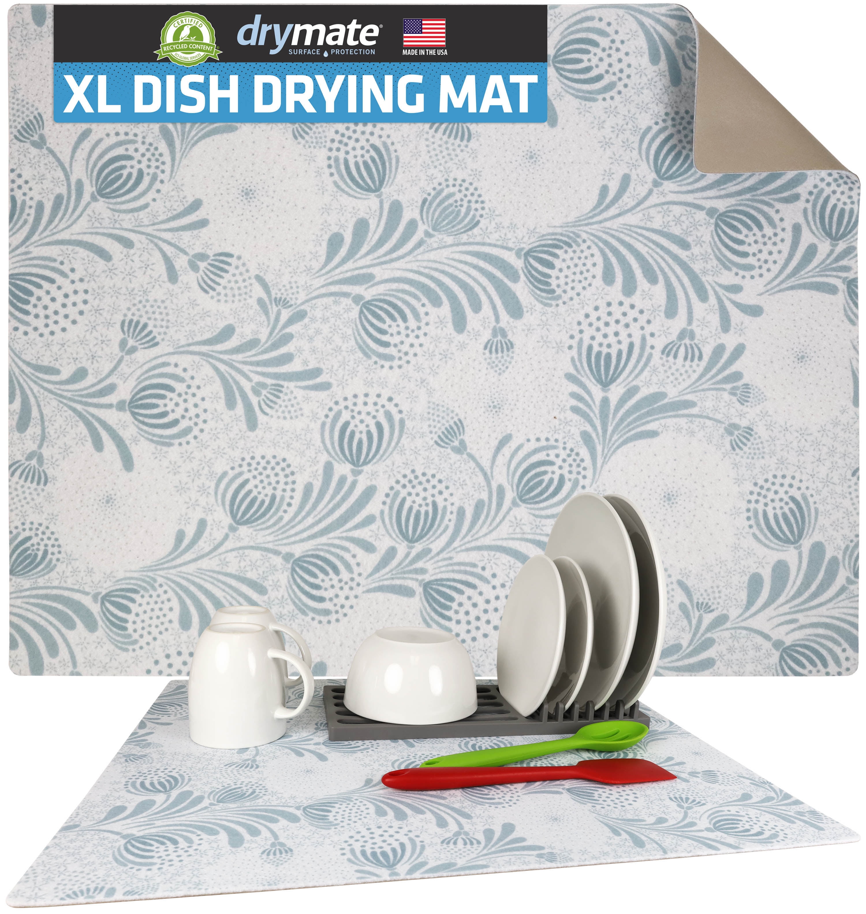 Light Blue Floral Oversized Waterproof Dish Drying Mat
