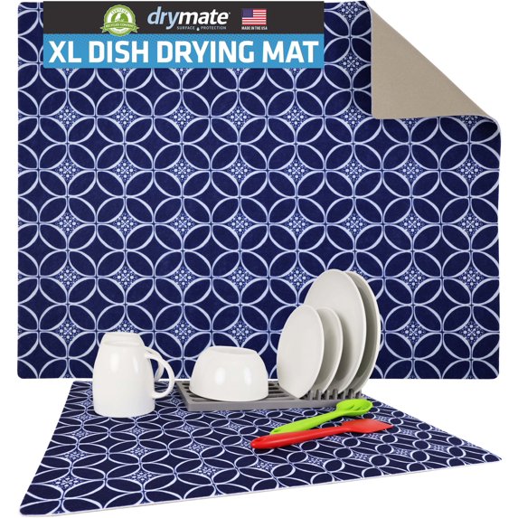 Drymate XL Dish Drying Mat, Oversized (19”x24”), Low-Profile, Super Absorbent, Quick Dry Fabric, Waterproof & Slip-Resistant, for Kitchen Counter, Trimmable, Easy to Clean (USA Made)(Indigo)