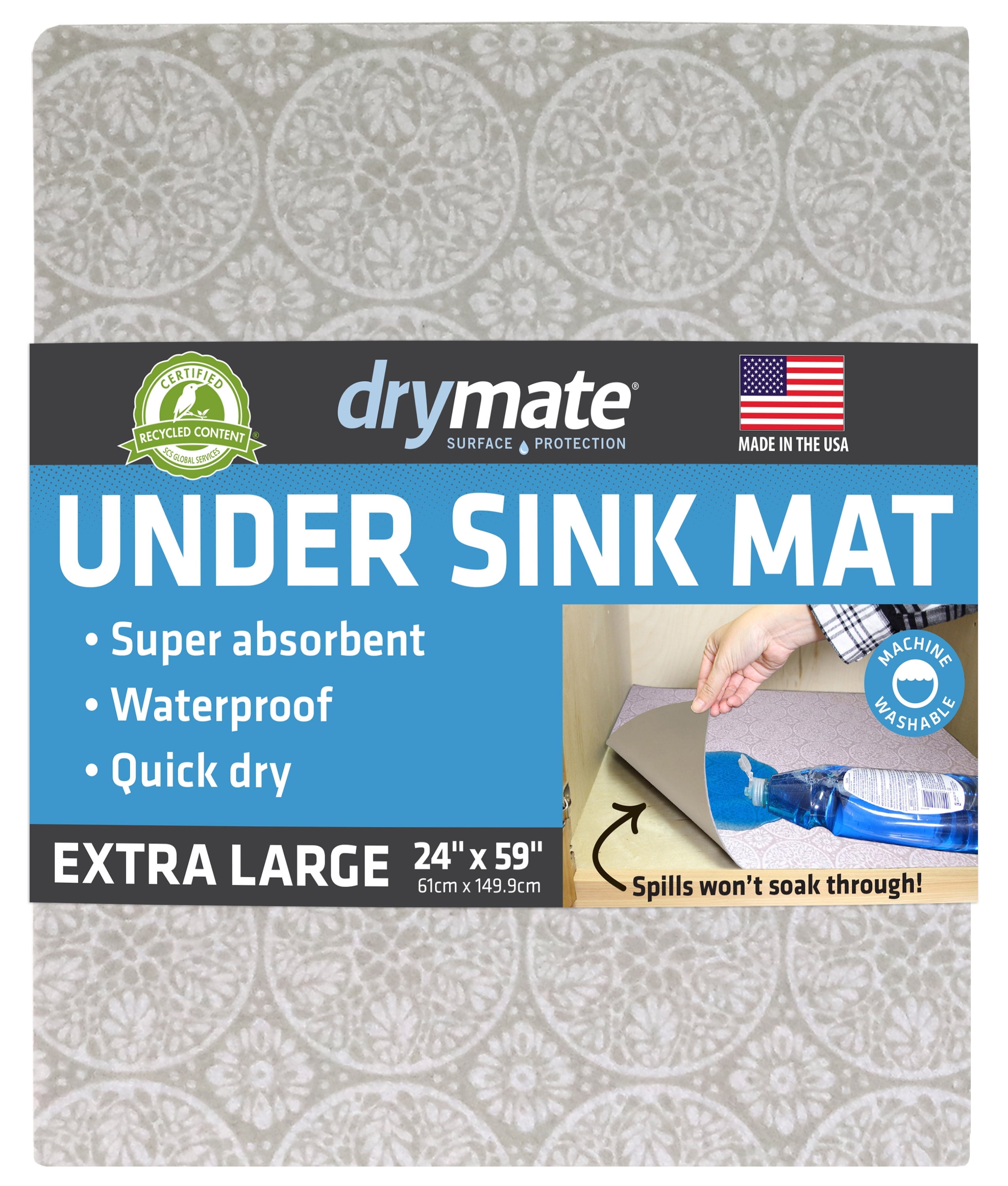 Drymate XL Under Sink Mat, Waterproof Cabinet Protection Mats for Kitchen & Bathroom, Absorbent Shelf Liners, Slip-Resistant, Non-Adhesive, Machine Washable, Durable (24”x59”)(Tan)