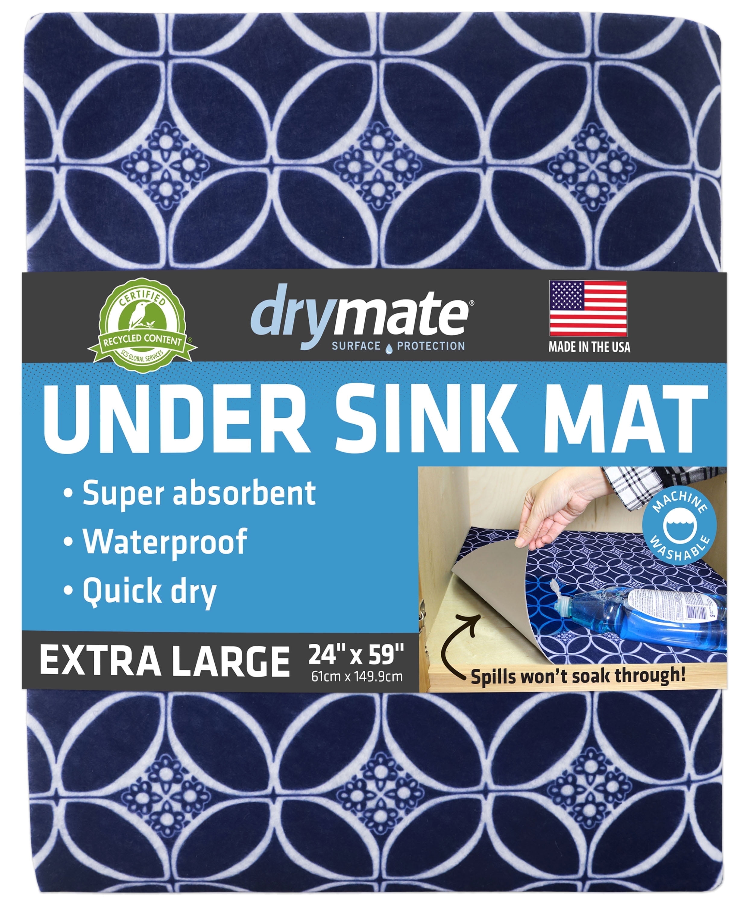 Drymate XL Under Sink Mat, Waterproof Cabinet Protection Mats for Kitchen & Bathroom, Absorbent Shelf Liners, Slip-Resistant, Non-Adhesive, Machine Washable, Durable (USA Made)(24”x59”)(Indigo)