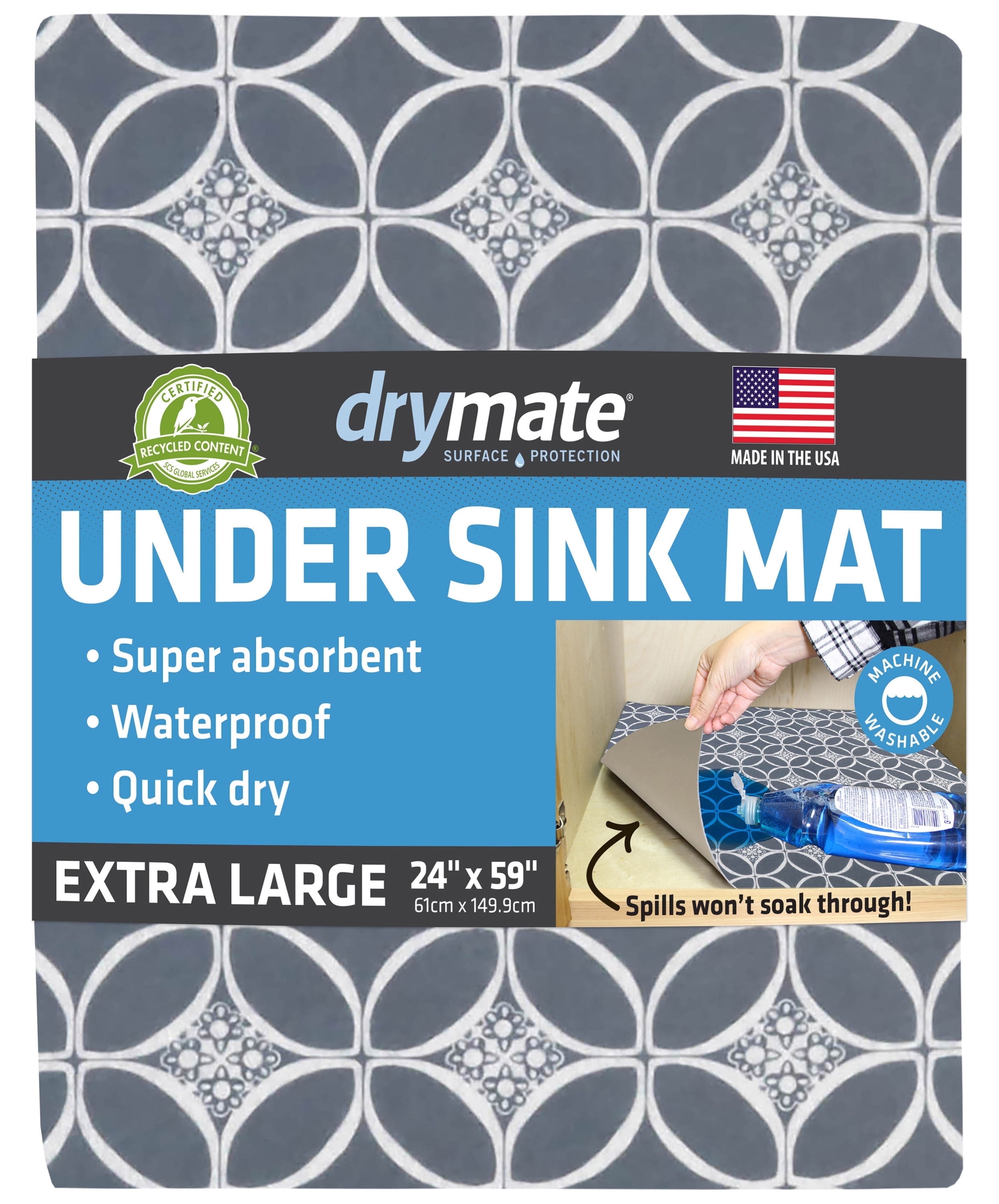 Drymate XL Under Sink Mat, Waterproof Cabinet Protection Mats for Kitchen & Bathroom, Absorbent Shelf Liners, Slip-Resistant, Non-Adhesive, Machine Washable, Durable (USA Made)(24”x59”)(Indigo Grey)