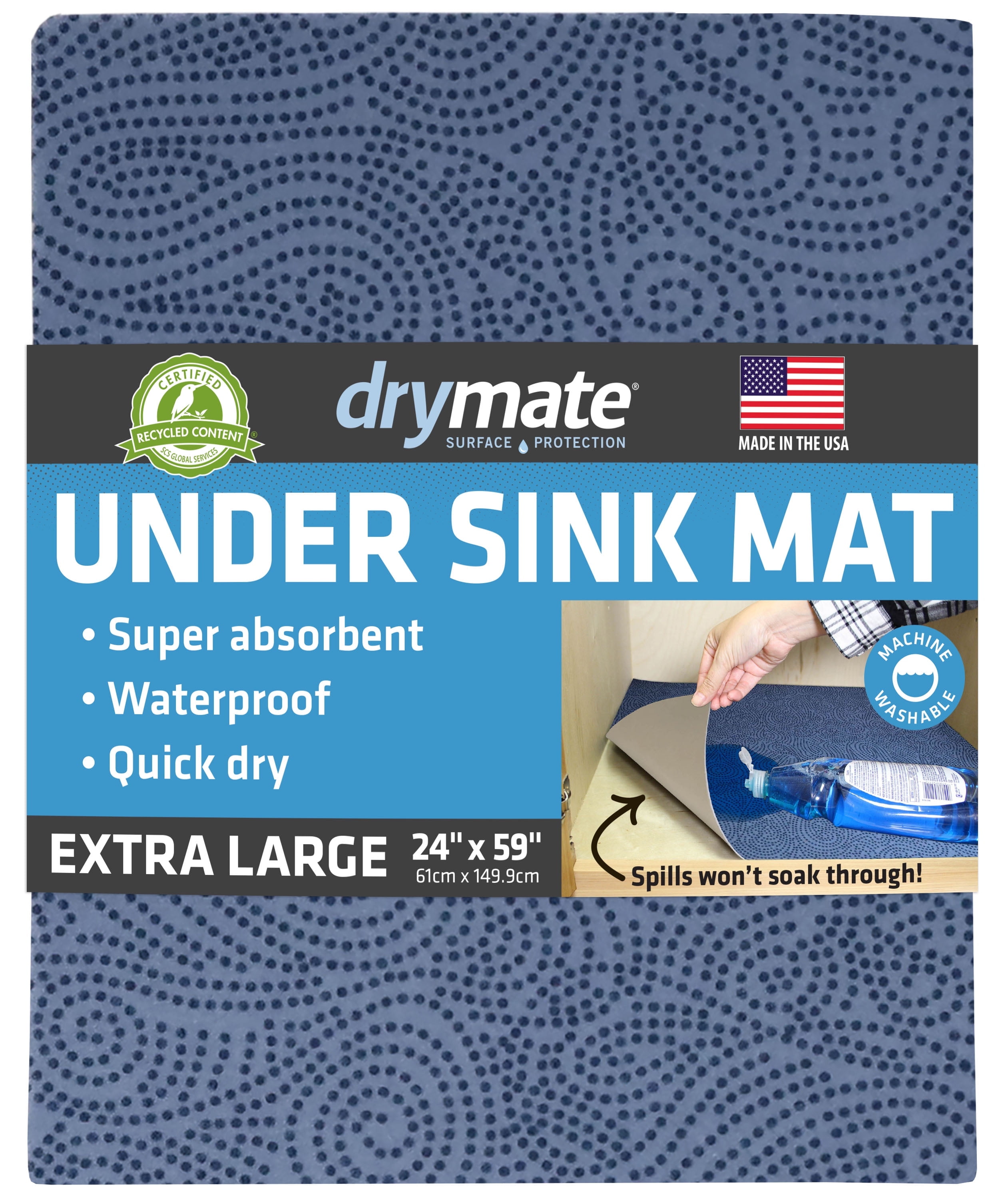 Drymate XL Under Sink Mat, Waterproof Cabinet Protection Mats for Kitchen & Bathroom, Absorbent Shelf Liners, Slip-Resistant, Non-Adhesive, Machine Washable, Durable (USA Made)(24”x59”)(Blue)