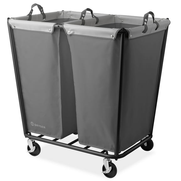 Dryser 2 Section Commercial Rolling Laundry Hamper on Wheels with Removable Canvas Bins - Gray