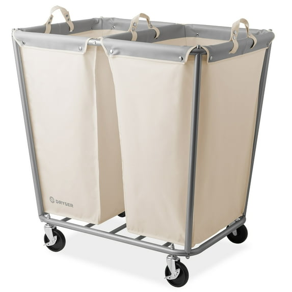 Dryser 2 Section Commercial Rolling Laundry Hamper on Wheels with Removable Canvas Bins - White