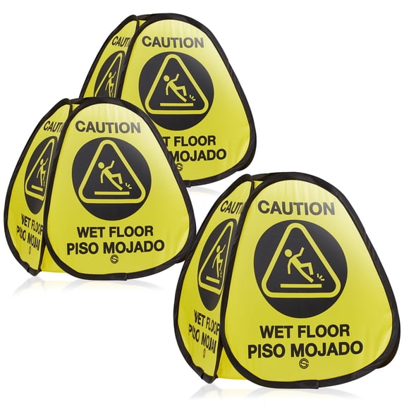 Dryser 3-Pack 16" Pop-up Caution Wet Floor Signs - Yellow 4-Sided English/Spanish Warnings