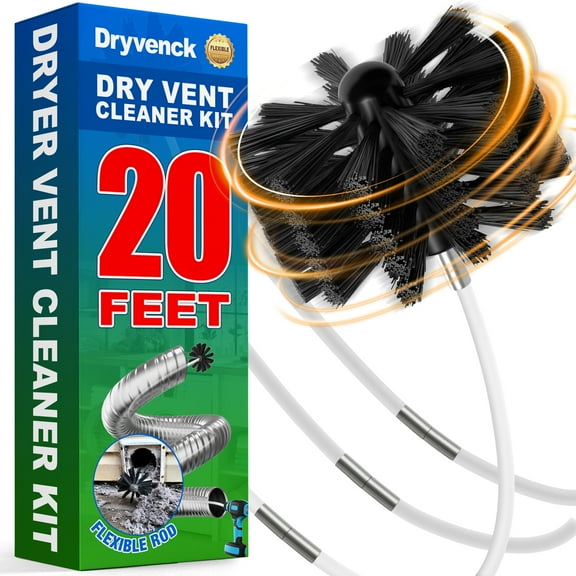 DRYVENCK 20Feet Dryer Vent Cleaner Kit , Dryer Vent Hose Cleaning Brush , Flexible Dryer Lint Remover , Synthetic Brush Head Use with or Without a Power Drill