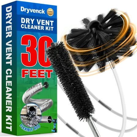 DRYVENCK 30Feet Dryer Vent Cleaner Kit , Dryer Vent Hose Cleaning Brush , Flexible Dryer Lint Remover , Synthetic Brush Head Use with or Without a Power Drill, Dryer Vent Cleaning Kit