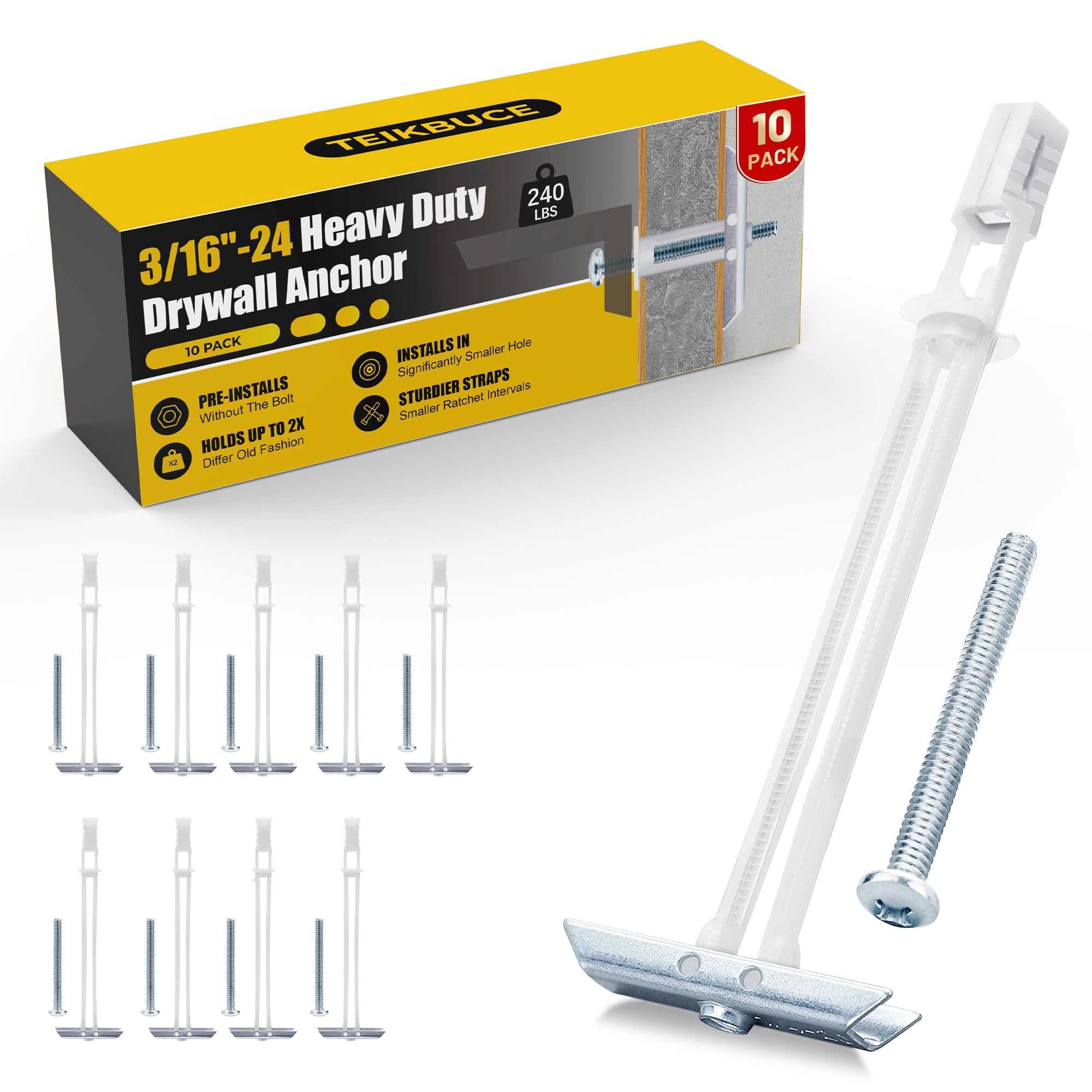 Drywall Anchor with Included Bolts for 3/16”-24, Heavy Duty Hollow Drywall Anchors for TV Mounting Kit, Stainless Steel Hollow Wall Anchors Holds up to 240 lbs Each in 1/2-in Drywall-10 Pack