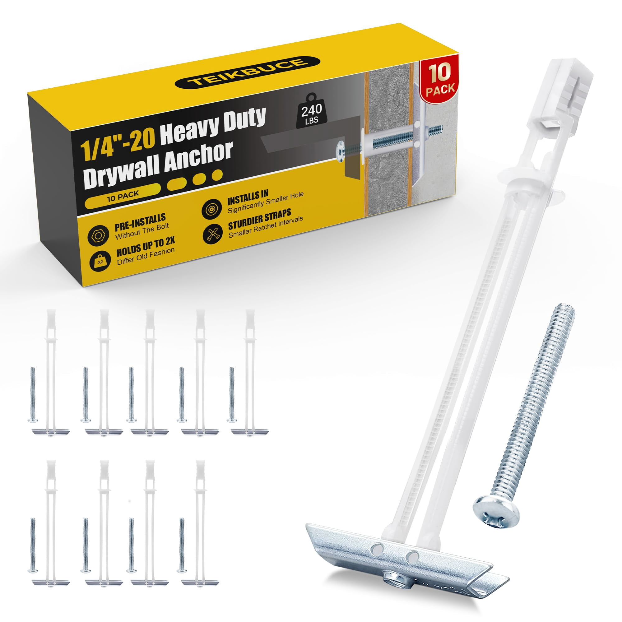 Drywall Anchor with Included Bolts for 3/16”-24, Heavy Duty Hollow Drywall Anchors for TV Mounting Kit, Stainless Steel Hollow Wall Anchors Holds up to 240 lbs Each in 1/2-in Drywall-10 Pack