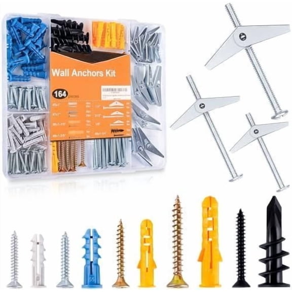 Drywall Anchors Assortment Kit With Self Drilling Wall Anchors and Heavy Duty Toggle , Metal/Plastic Dry Wall Anchors for Picture Art, 164 count Butterfly Anchor and Screws for Ceiling