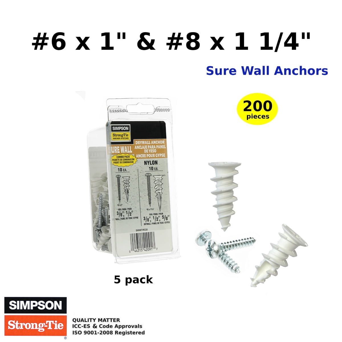 Drywall Anchors Heavy Duty Self Drilling Hollow Wall Anchor Screws kit Nylon #6 x 1 & #8 x 1 1/4 5/p 200