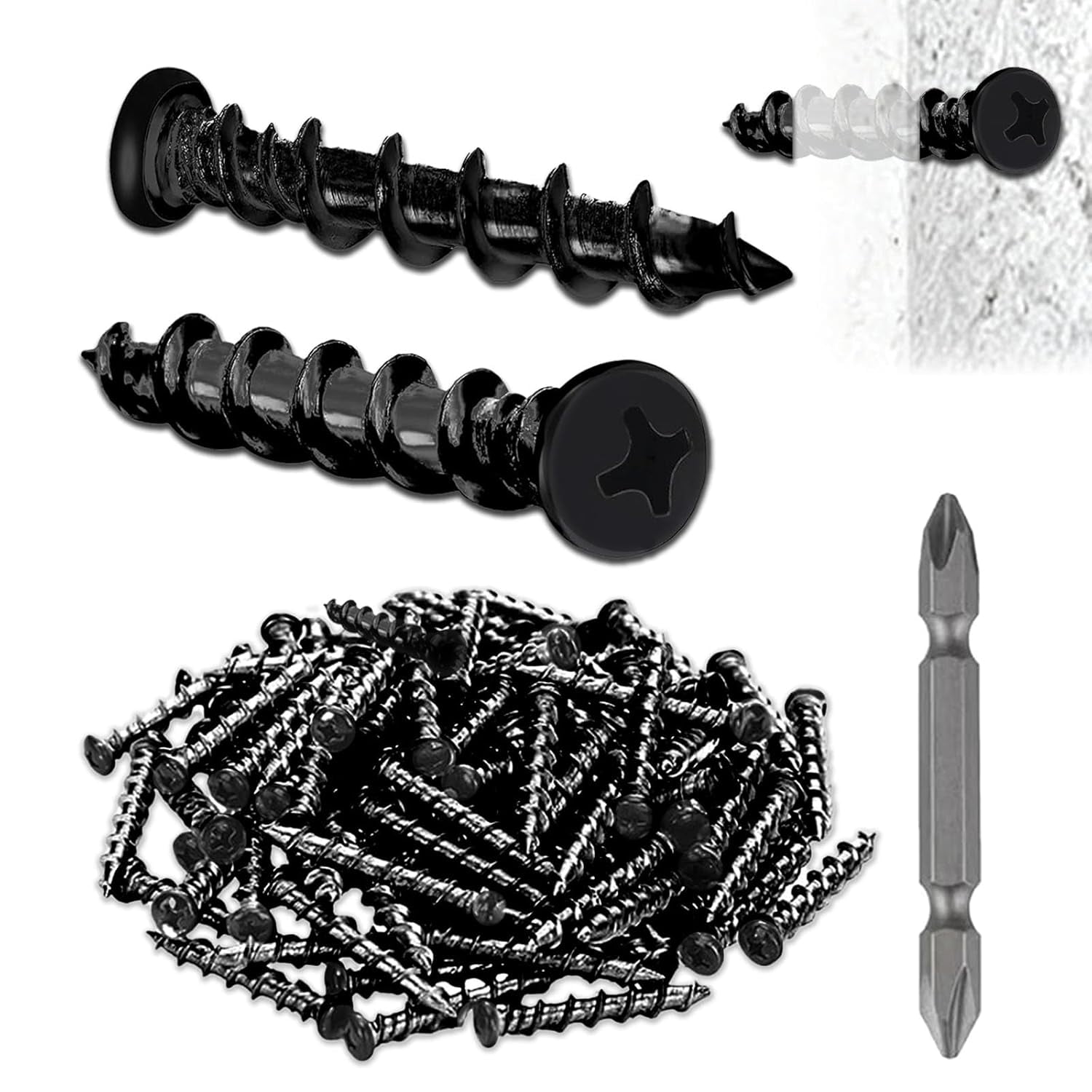 Drywall Anchors with Screwdriver Bit Included, 1/4 x 1-1/2 Inch Black Coated Pan Head Alloy Steel, 100-Pack Heavy Duty Wall Anchors for Drywall, Wood & Masonry Materials