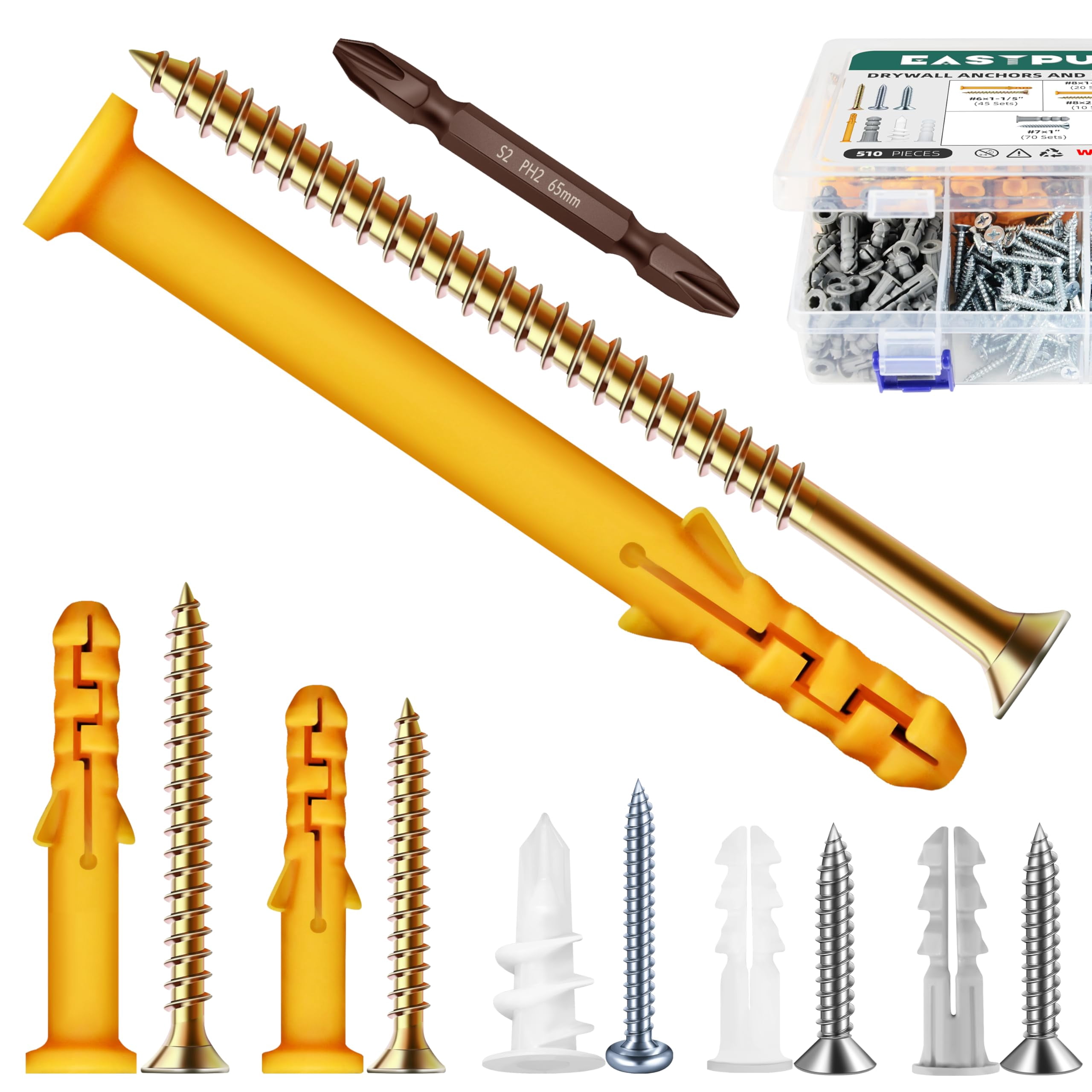 Drywall Anchors and Screws Assortment Kit, 270PCS 135x Plastic Dry Wall Anchors and 135x Philips Flat Head Zinc Plated Wood Screws, 5 Sizes Wall Hanging Kit