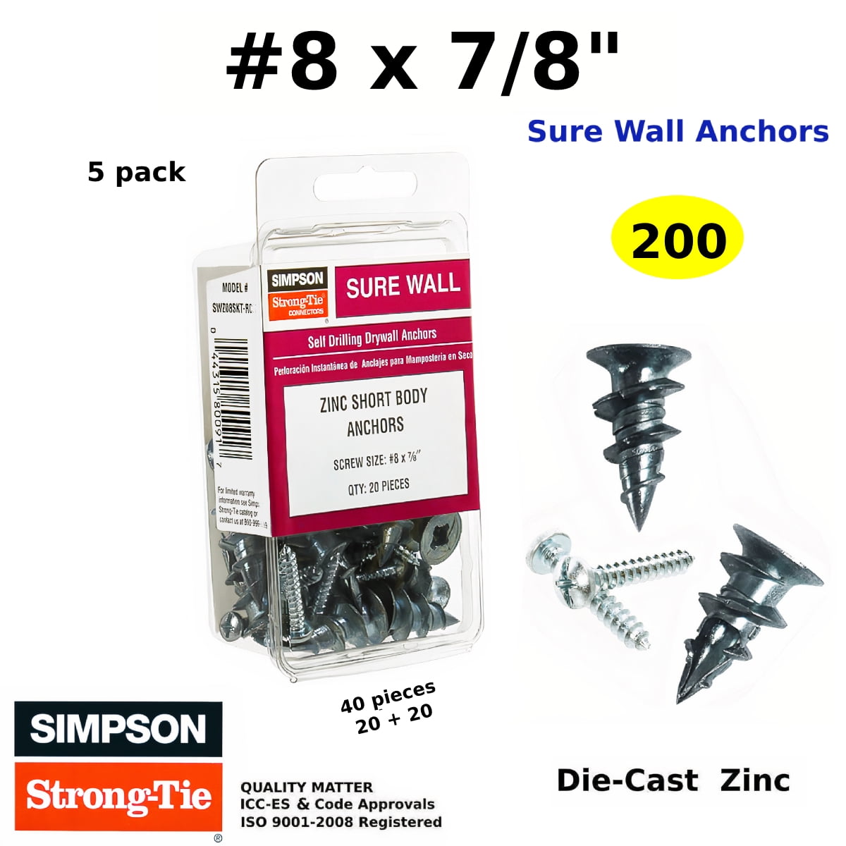 Drywall Anchors Zinc Heavy Duty Self Drilling Hollow Wall Anchor Screws kit #8 x 7/8 (200)