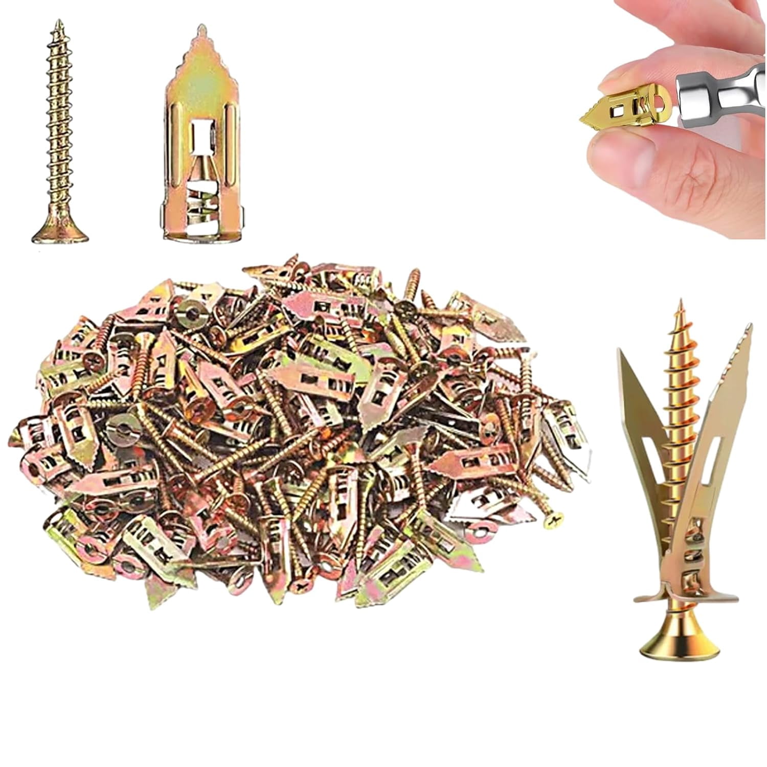Drywall Expansion Anchors + High Strength Zinc Screws Kit, Self Drilling Anchor Screws, No Drill Steel Anchors, Ribbed Expansion Design