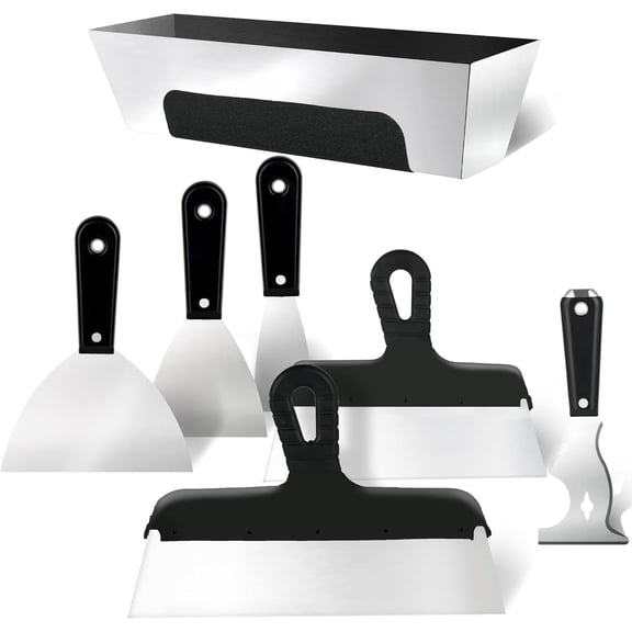 Drywall Knife Set, 7PCS Drywall Tools with Mud Pan, Stainless Steel 2 3 4 6 10 12 Knife Set Putty Knives, Taping Knives, Painter Scraper, 12 Mud Pan, Spackle Tool Kit for Repairing Work