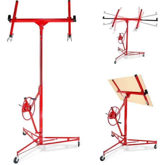 Drywall Lift 16 Ft 150 lb Capacity Sheetrock Hoist with Telescopic Arm 360 Rotation and Locking Wheels for Ceiling Installation Red