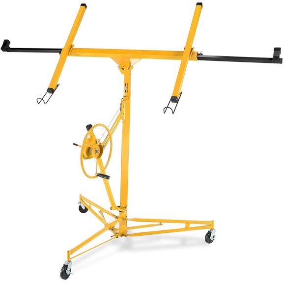 Drywall Lift 16 Ft 150 lb Capacity Sheetrock Hoist with Telescopic Arm 360 Rotation and Locking Wheels for Ceiling Installation Yellow