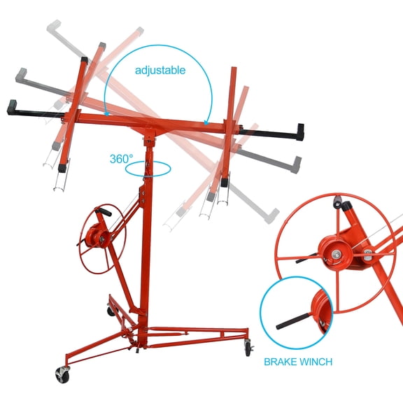Drywall Lift Panel 13 Height Adjustable Drywall Hoist Jack Lifter with Brake, Red Steel Construction for 4x8 to 4x16 Sheets, 150 lbs Capacity, One Person Operation