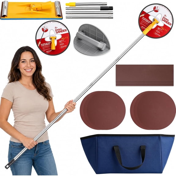 Drywall Pole Sander Kit, 12-50 Inch Adjustable Extension Pole with 360 Radial Swivel Head, drywall corner sander, Includes 9 Pcs Sandpaper Discs for Popcorn Ceiling Removal & Painting Prep