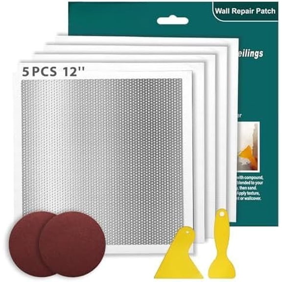 Drywall Repair Kit 12 x 12 Inch Drywall Patch Kit Large Hole (5Pcs) Wall Patch Repair Kit for Ceiling Large Holes Heavy Duty Extended Self-Adhesive Mesh Dry Wall Patches Kits with Scraper Sandpaper
