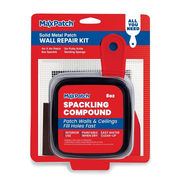 MaxPatch Drywall Repair Kit - Includes 8 oz Spackling Compound, 4"x 4" Adhesive Metal Patch, Spackling Knife, Sanding Pad - All-in-One Solution for Wall and Ceiling Repairs