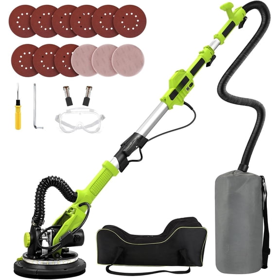 Drywall Sander, 7.2A Electric Drywall Sander with Vacuum Dust Collection, 6 Variable Speed 900-1800RPM, LED Light, Foldable & Extendable Handle, 9 count Sandpaper&3 Pcs Grid Sandpaper, Full Green