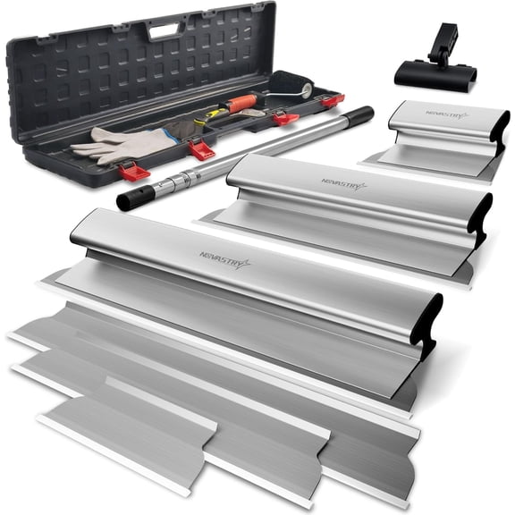 Drywall Skimming Blade Set: 12", 24", & 32" Stainless Steel Blades, 34"-81" Extension Handle, Spare Blades, Roller & Putty Knife with Storage Box