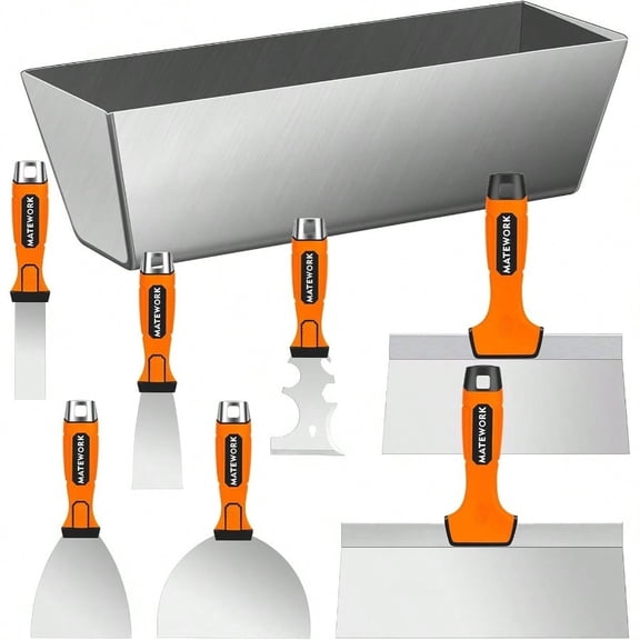 Drywall Tools 8Pcs High Quality Stainless Steel Drywall Knife Set Putty Knives With Mud Pan Ergonomic Grip Tapping Knife With Hammer End For Wall Work