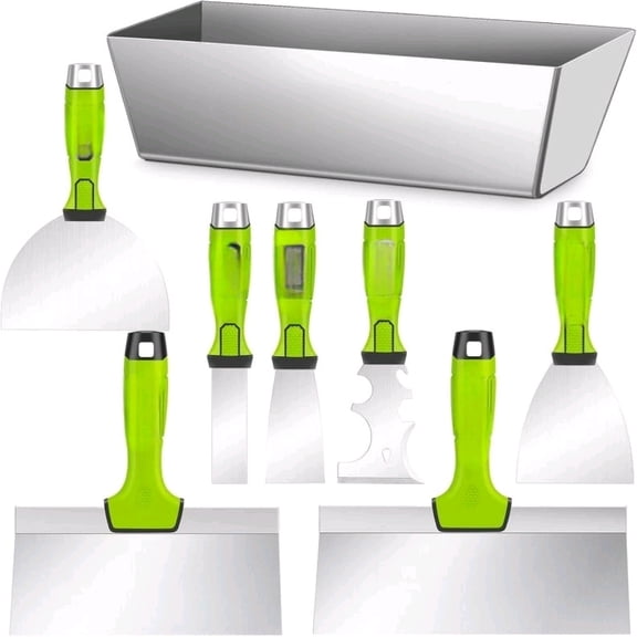 Drywall Tools - 8Pcs Stainless Steel Drywall Knife Set with Putty Knife, Taping Knives, Painter Scraper & 10" Mud Pan, Spackle Tool Set for Joint Taping, Finishing & Patching