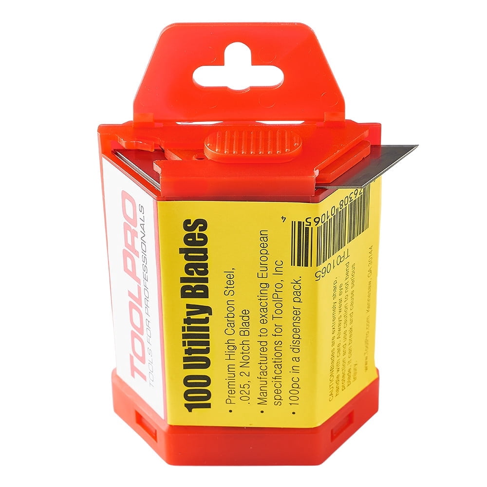 ToolPro Premium Utility Knife Blades - 100 Pack, High Carbon Steel, .025" Thick, 2-Notch